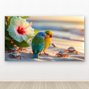 Tempered Glass Wall Art, Tropical Lovebirds on Beach, Colorful Parrots & Crabs, Hibiscus Flower, Summer Coastal Decor, Cute Animal Print