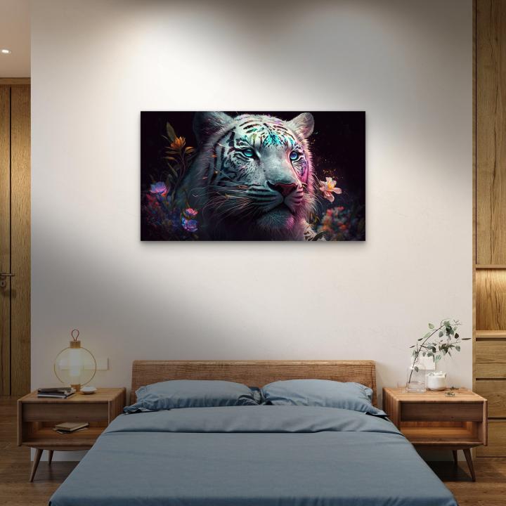 Modern Tempered Glass Wall Decor – Tiger Portrait with Vibrant Floral Elements