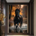 Black Horse Running in Water Glass Wall Art, Friesian Horse Print,Masculine Decor