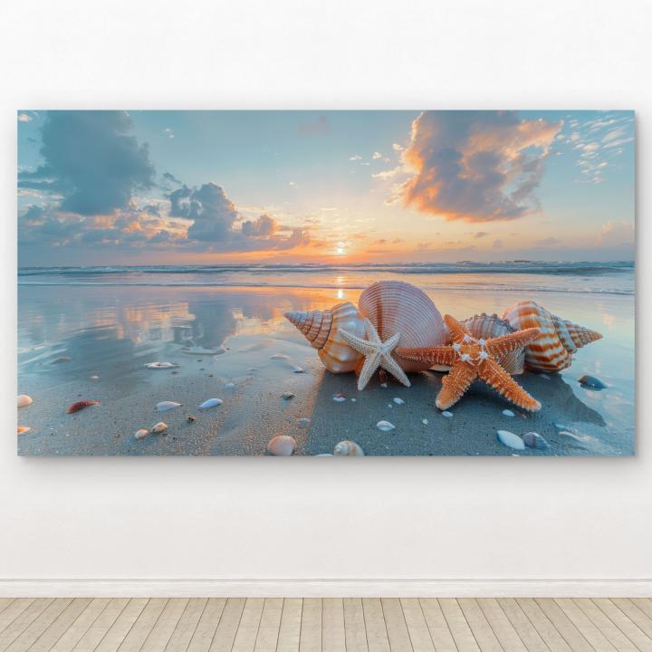 Sunset Beach Tempered Glass Wall Art, Sea Shells Starfish Nautical Decor.