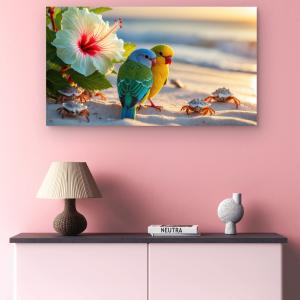 Tempered Glass Wall Art, Tropical Lovebirds on Beach, Colorful Parrots & Crabs, Hibiscus Flower, Summer Coastal Decor, Cute Animal Print