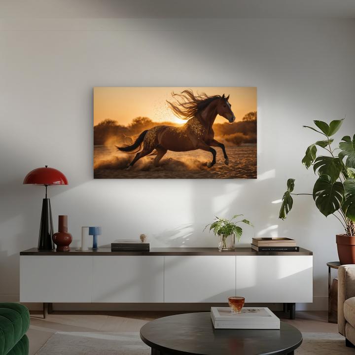 Extra Large Tempered Glass Art: Golden Runner - Galloping Horse at Sunset with Glitter Dust