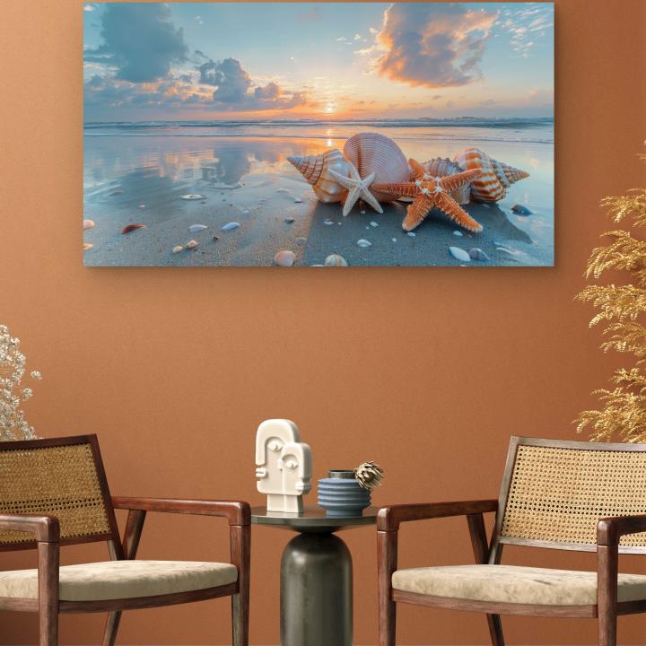 Sunset Beach Tempered Glass Wall Art, Sea Shells Starfish Nautical Decor.