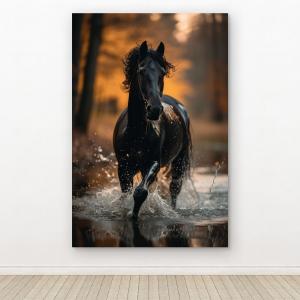 Black Horse Running in Water Glass Wall Art, Friesian Horse Print,Masculine Decor