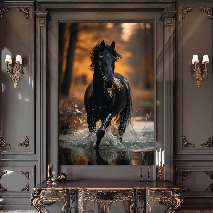 Black Horse Running in Water Glass Wall Art, Friesian Horse Print,Masculine Decor