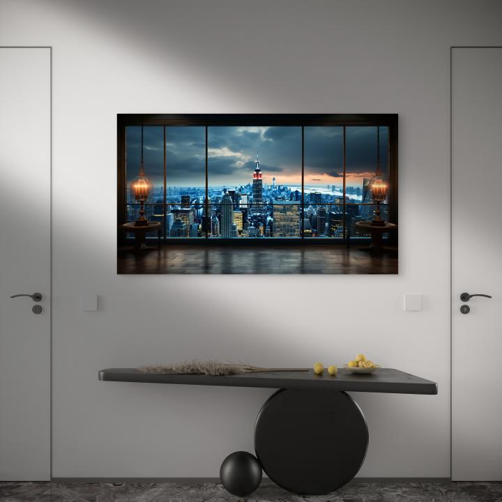 NYC Skyline Tempered Glass Wall Art: Modern Sunset Skyscraper Decor