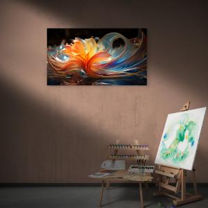Orange & Blue Glass Wall Art, Abstract Fluid Flower Design, Modern Tempered Glass Decor