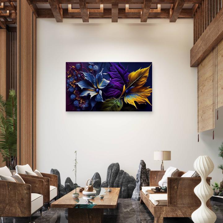 Abstract Floral Tempered Glass Wall Art: Blue, Purple, Gold,Large size