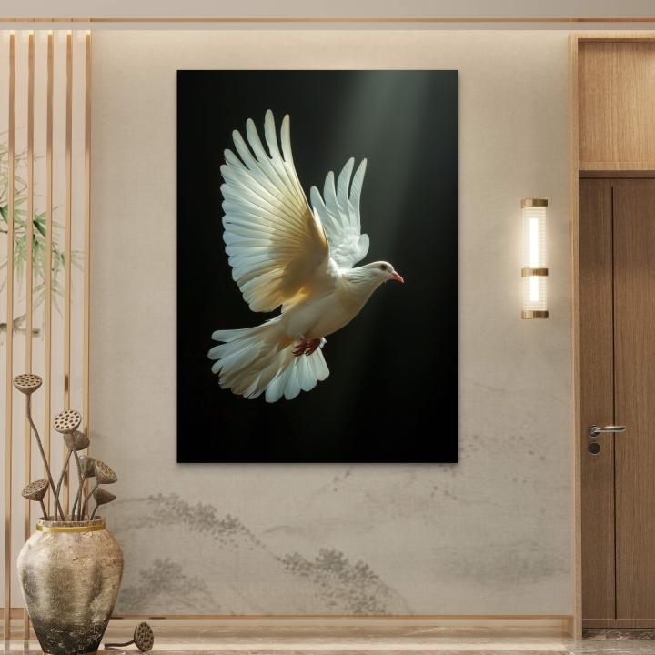 Graceful Dove Art with Light Effect, Luxury Large Tempered Glass Panel