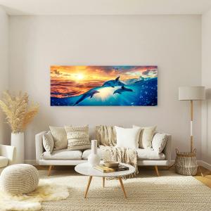 Jumping Dolphins at Sunset Tempered Glass Wall Art, Ocean Life Wall Decor, Sea Animals