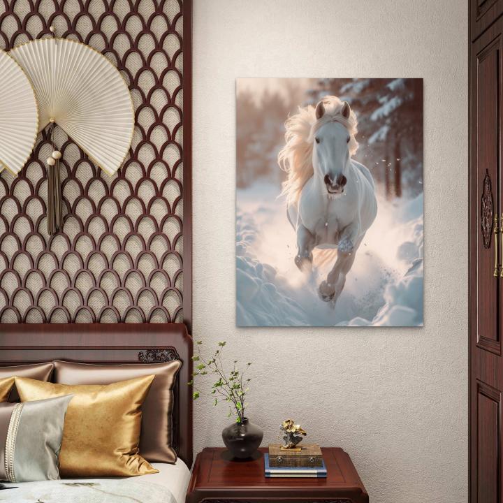 Running Horse in Snow Large Tempered Glass Wall Art,Symbol of Strength and Freedom