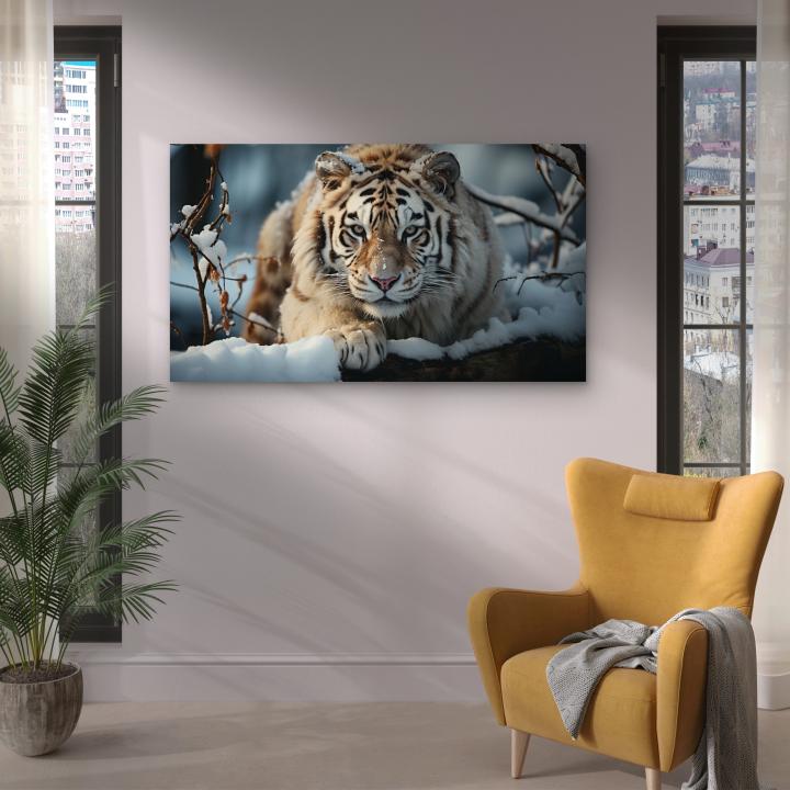 Majestic Tiger Tempered Glass Print: Winter Wildlife Wall Art, Large Size