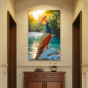 Majestic Peacock Tempered Glass Wall Art, Colorful Bird Print,Wildlife Photography, Large Glass Painting