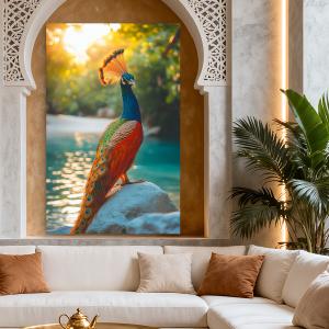 Majestic Peacock Tempered Glass Wall Art, Colorful Bird Print,Wildlife Photography, Large Glass Painting