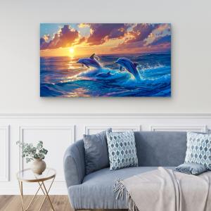 Jumping Dolphins Sunset, Tempered Glass Wall Art, Coastal Decor.