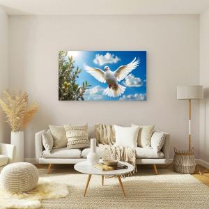 Symbol of Peace,Glossy Tempered Glass Print of Flying White Dove,Spiritual Wall Decor