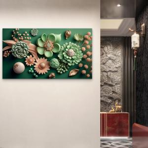 Cream and Mint Green Embossed Flower Design GlassPrint Luxury Botanical Wall Panel Sophisticated HomeDecor