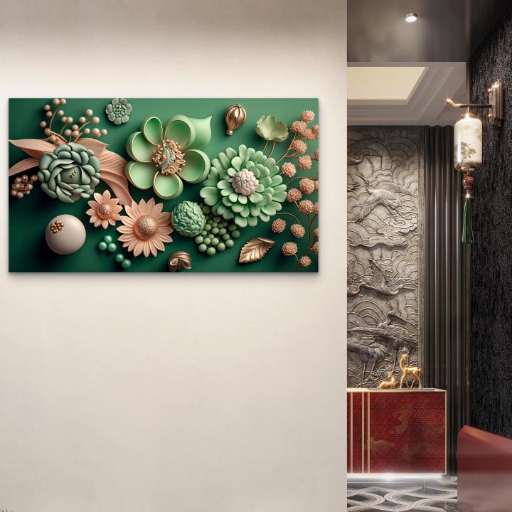 Cream and Mint Green Embossed Flower Design GlassPrint Luxury Botanical Wall Panel Sophisticated HomeDecor