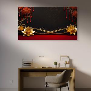 Red and Gold Oriental Lotus Wall Art | Oversize Tempered Glass Panel | Luxury Asian Decor