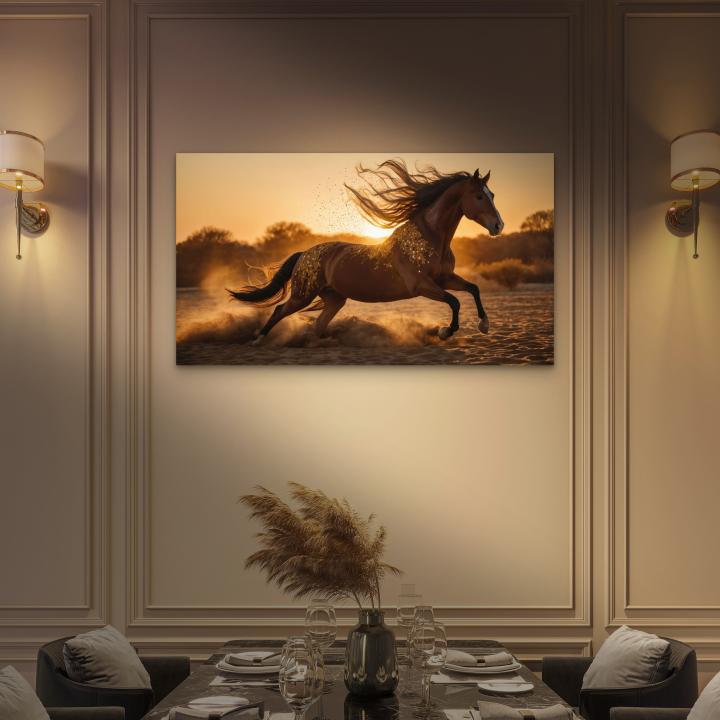 Extra Large Tempered Glass Art: Golden Runner - Galloping Horse at Sunset with Glitter Dust