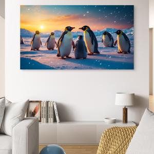 Emperor Penguin Family Tempered Glass Wall Art, Antarctica Sunset.