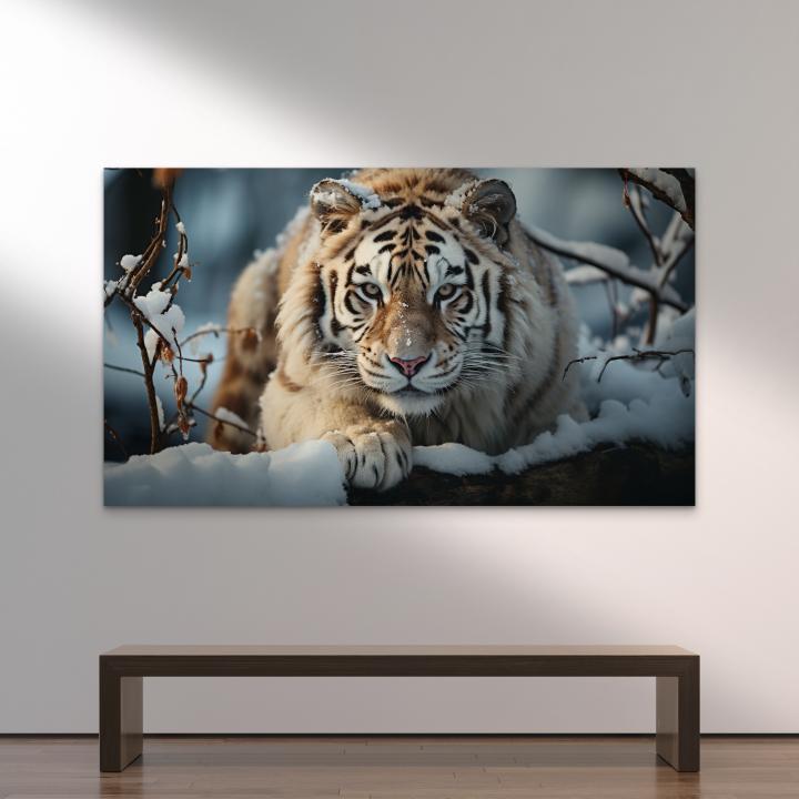 Majestic Tiger Tempered Glass Print: Winter Wildlife Wall Art, Large Size