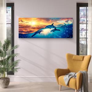 Jumping Dolphins at Sunset Tempered Glass Wall Art, Ocean Life Wall Decor, Sea Animals