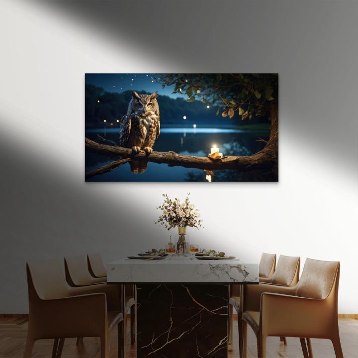 Owl Wall Art on Glass, Night Landscape Decorative Nature and Animal Theme Home Decor