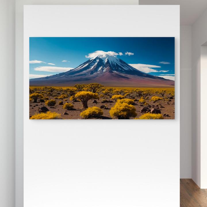 Snow-Capped Peak and Vibrant Yellow Landscape Glass Art | Glossy Tempered Glass Oversized Print