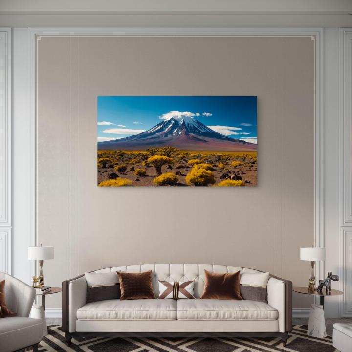 Snow-Capped Peak and Vibrant Yellow Landscape Glass Art | Glossy Tempered Glass Oversized Print