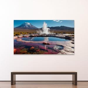 Andes Mountains Geysers Glass Panel | Red Water Pool and Steam Eruption Photo