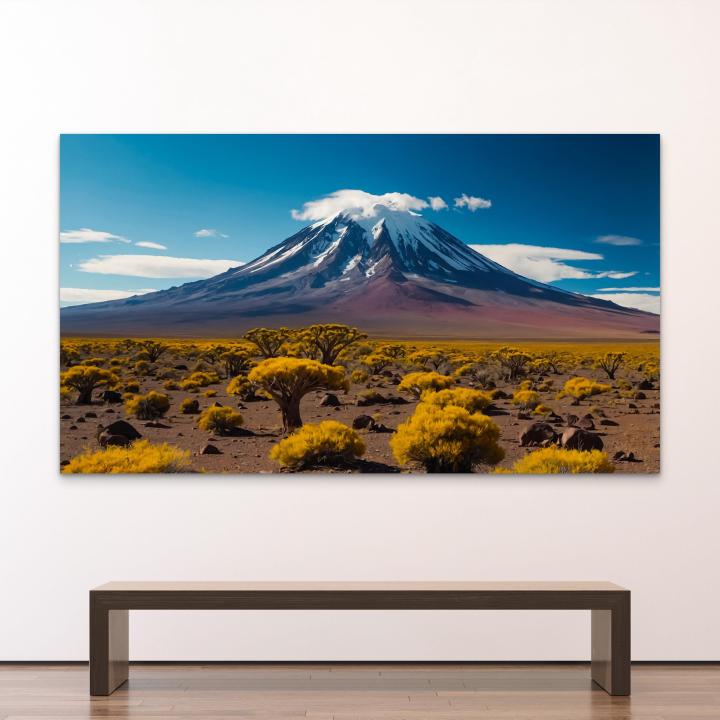 Snow-Capped Peak and Vibrant Yellow Landscape Glass Art | Glossy Tempered Glass Oversized Print