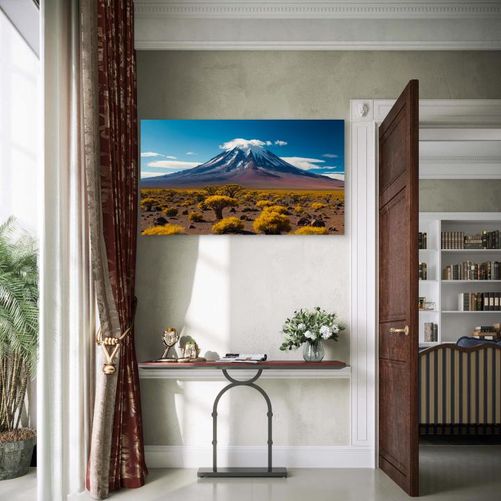 Snow-Capped Peak and Vibrant Yellow Landscape Glass Art | Glossy Tempered Glass Oversized Print