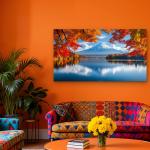 Mount Fuji Tempered Glass Wall Art,Red Maple Leaves, Lake Reflection Scenery.