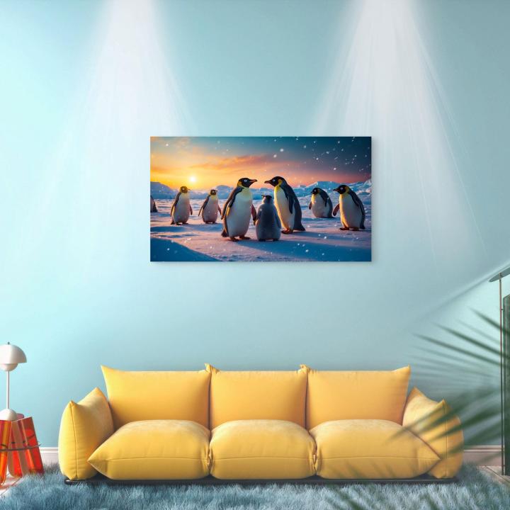 Emperor Penguin Family Tempered Glass Wall Art, Antarctica Sunset.