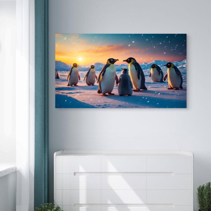 Emperor Penguin Family Tempered Glass Wall Art, Antarctica Sunset.