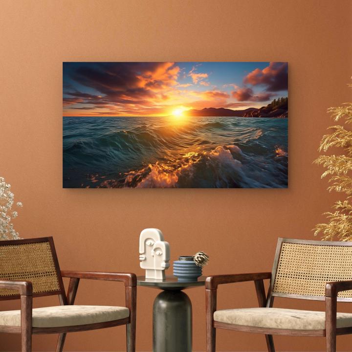 Dramatic Sunset Beach Glass Art - Coastal Wall Decor - Realistic Ocean Wave Glass Print