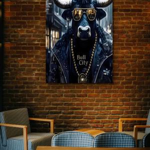 Bull City Tempered Glass Wall Art, Modern Bull with Sunglasses Decor, Large Abstract Animal