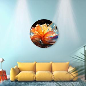 Orange Flower Abstract Tempered Glass Wall Art, Round Fluid Art Mural,Large