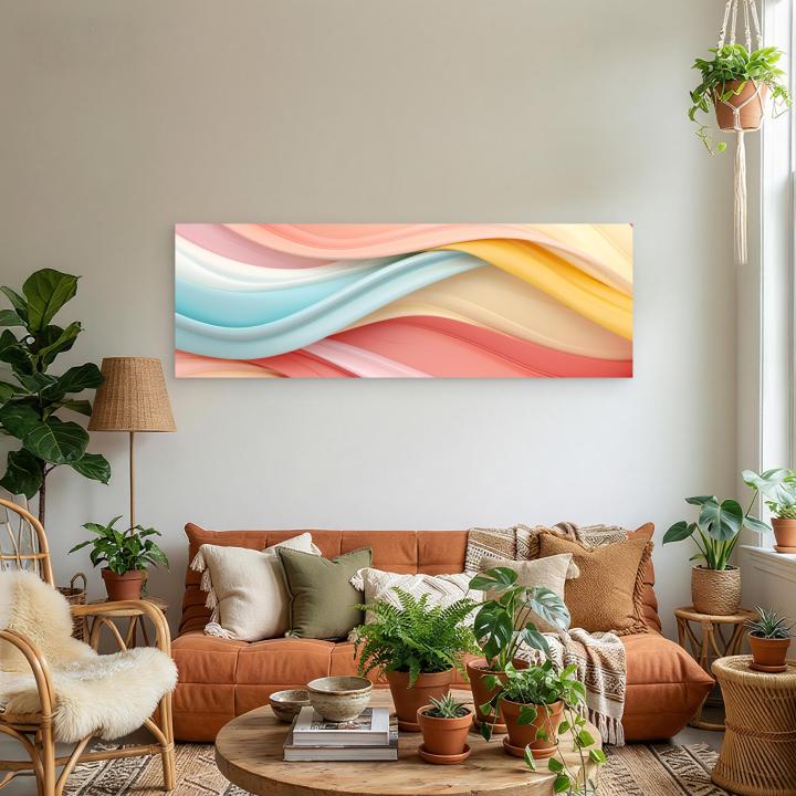 Panoramic Abstract Tempered Glass Wall Art, Pastel Blue Gold Landscape,Large