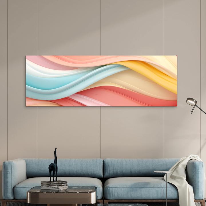 Panoramic Abstract Tempered Glass Wall Art, Pastel Blue Gold Landscape,Large