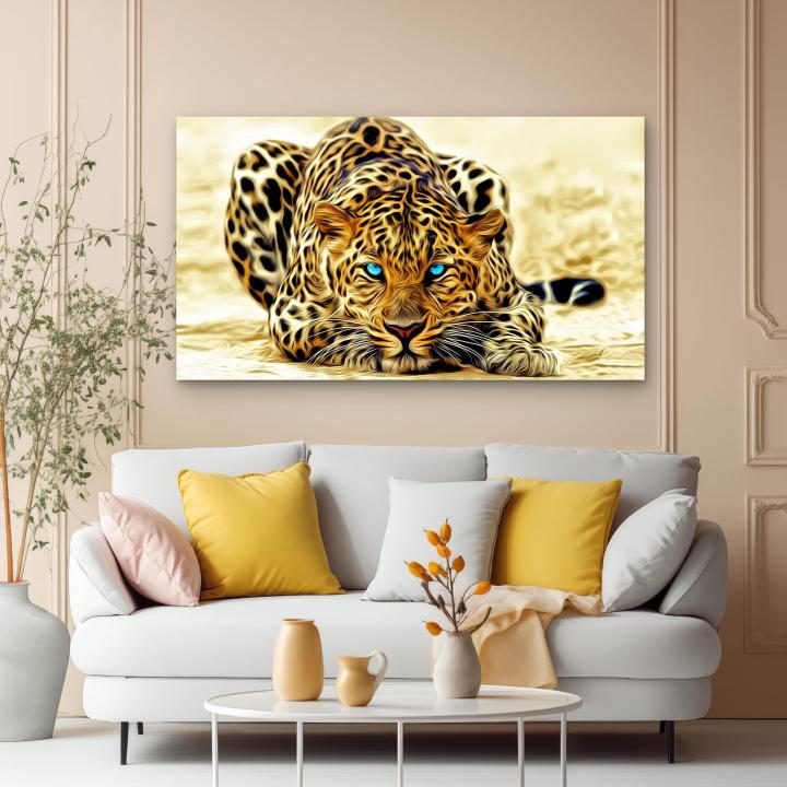 Majestic Blue-Eyed Leopard Tempered Glass Wall Art, Gold Wild Cat Decor