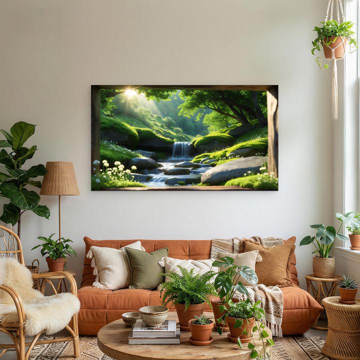 Waterfall Tempered Glass Wall Art, Forest Landscape, Nature Decor,Large