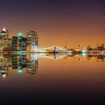 New York City Skyline Tempered Glass Art, Night Cityscape Manhattan Bridge View Print