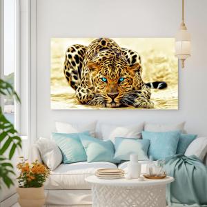 Majestic Blue-Eyed Leopard Tempered Glass Wall Art, Gold Wild Cat Decor