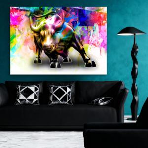 Wall Street Bull Graffiti Tempered Glass Art, Colorful Stock Market Motivation Print