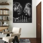 Lion Tiger Chess Tempered Glass Wall Art, Black White Animal Decor, HD Print