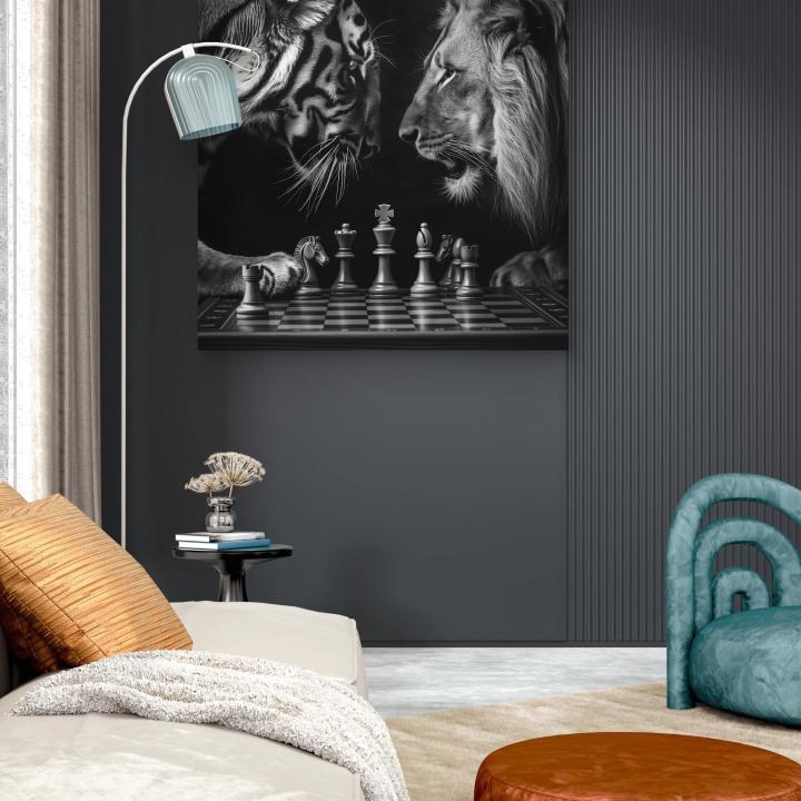 Lion Tiger Chess Tempered Glass Wall Art, Black White Animal Decor, HD Print