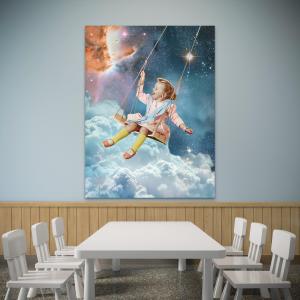Tempered Glass Wall Art, Girl Swinging in Galaxy, Dreamy Nursery Decor