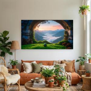 Dragon Egg Fantasy Glass Wall Art, Mystical Mountain Landscape, Ancient Stone Arch Decor